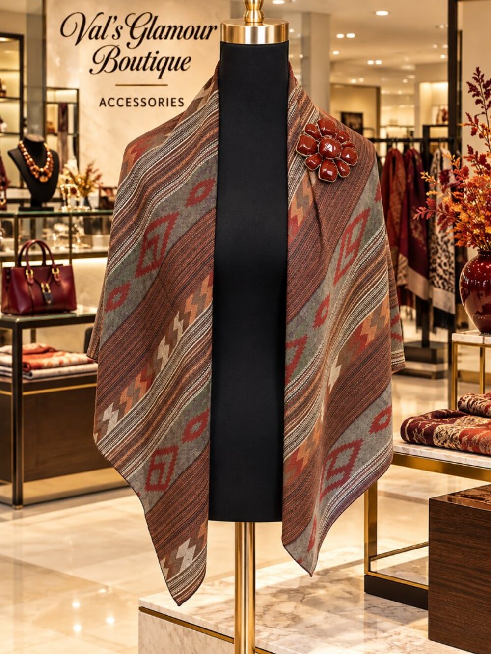 Women's Woven Brown Multi-Colored Aztec Pattern Shawl/Wrap ✨NWOT✨